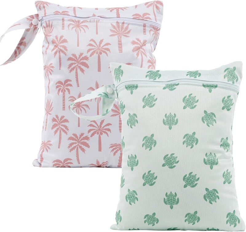 CoolaPeach 2Pcs Baby Wet Dry Bags for Cloth Diaper,Waterproof Reusable Travel Bags, Beach, Pool, Gym Bag for Swimsuits, Beach Vacation Essentials (Coconut Tree and Turtle) - Image 1